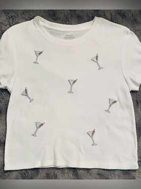 Organic Collective White Short Sleeved T-shirt with Embroidered Martini’s